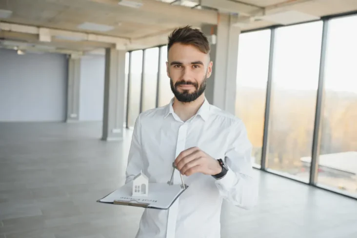 Jovem de camisa com um contrato na mão e uma chave de casa na outra a ilustrar que recorreu ao crédito habitação com garantia do Estado