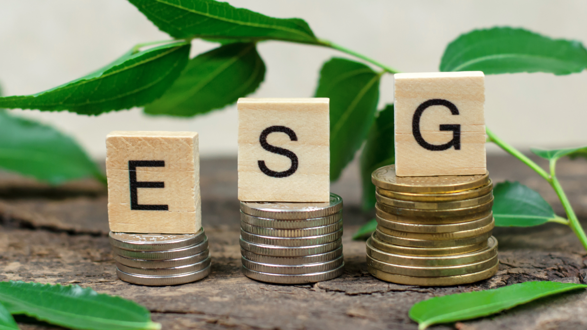 Três cubos com as letras E, S e G, em cima de moedas, representando o crescimento de investimentos