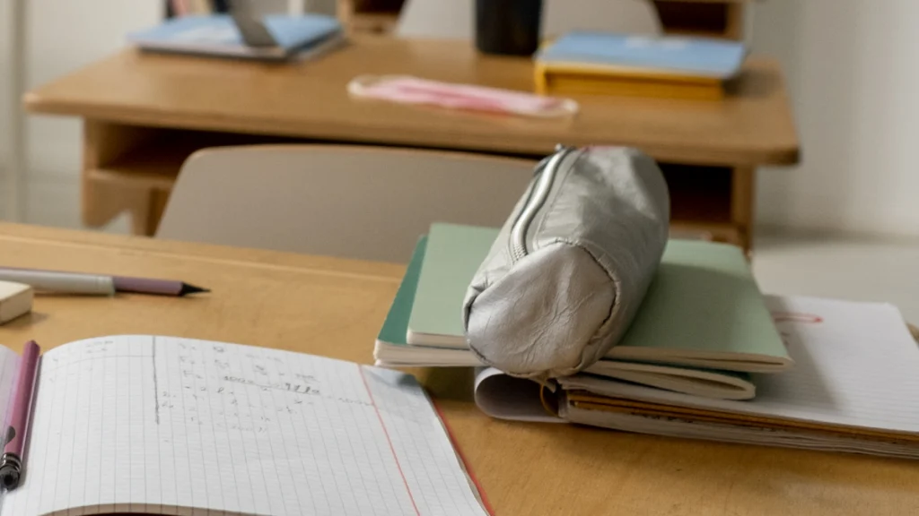 Como preparar o orçamento para o regresso às aulas Material escolar numa mesa de sala de aulas